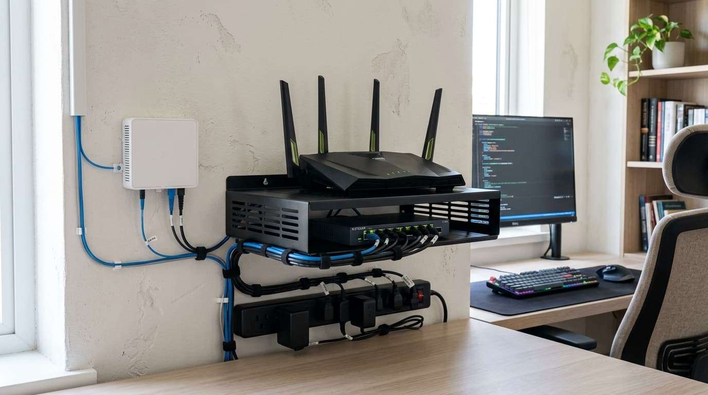 Fibre wall box and router shelf installed with tidy cable management in a home study