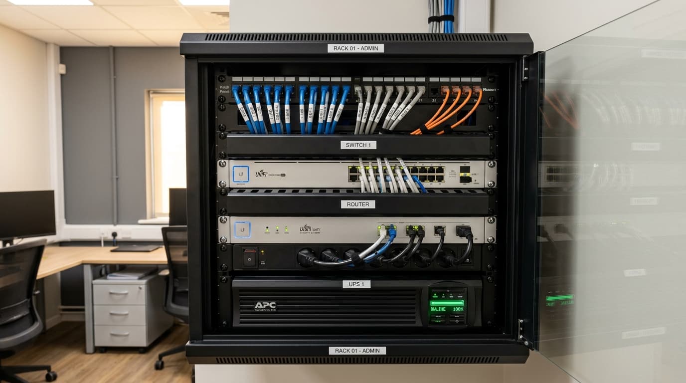 Labelled network cabinet holding the switch, router and UPS in a small office