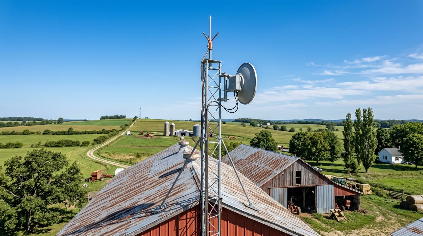 Point-to-point radio aligned on a farm roof with lightning protection on the mast